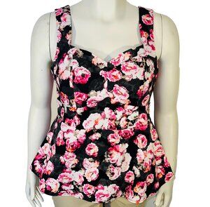 Torrid Peplum Tank Womens Size 12 (0) Black Pink Rose Print V-Neck Fitted Formal